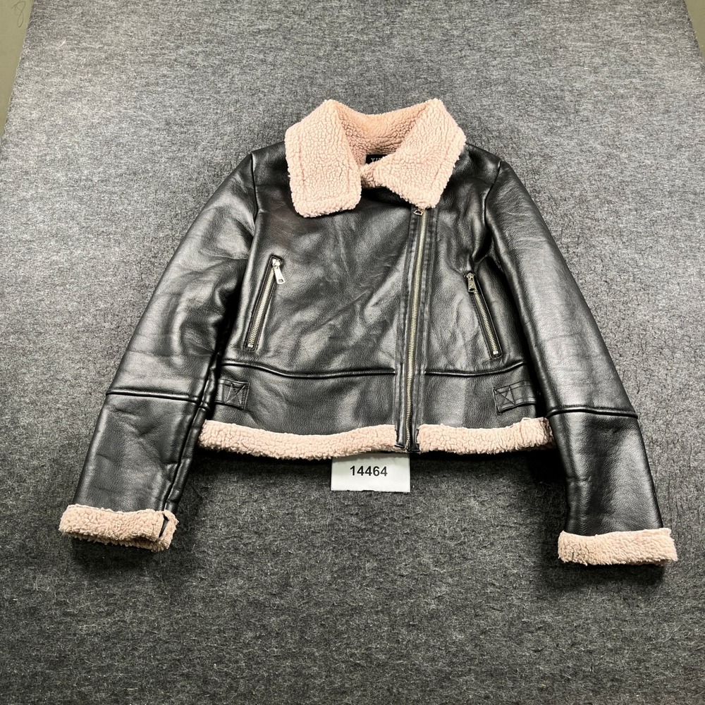 Yimai Aviator Jacket Womens L Black Leather Faux Shearling Long Sleeve Full Zip
